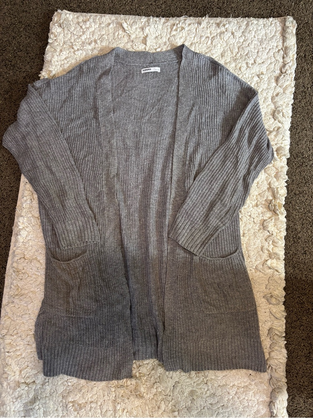 Sonoma Goods for Life Gray Open-Front Ribbed Cardigan Sweater with Pockets L
